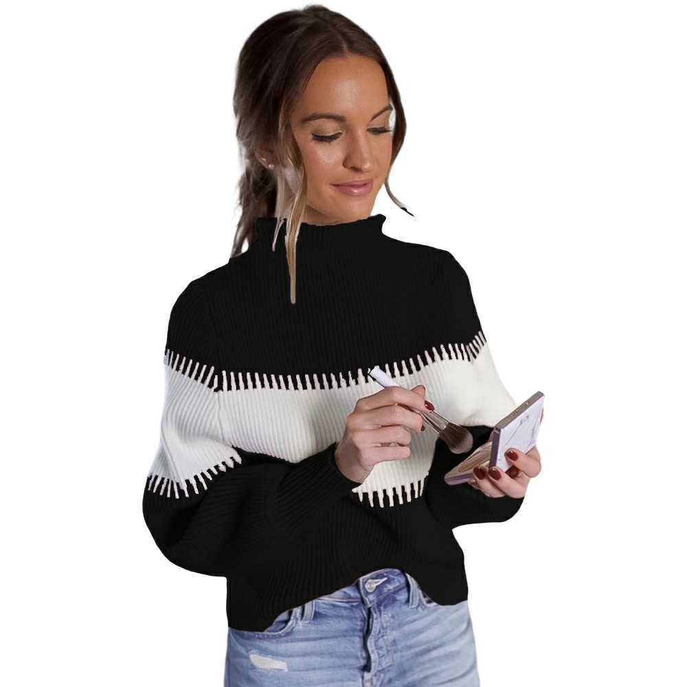 Color-block Knitted Turtleneck Sweater Women Autumn Winter Ladies Korean Striped Sweaters Female Jumper Womens Pullovers 210604