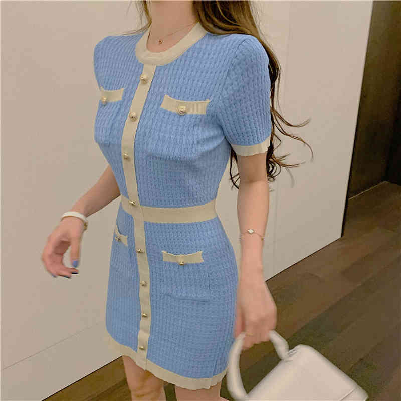 Women Sexy Elegant Vestidos Korean Short Sleeve Knitting Dresses Summer Hit Color Single-Breasted Mini Dress 210519