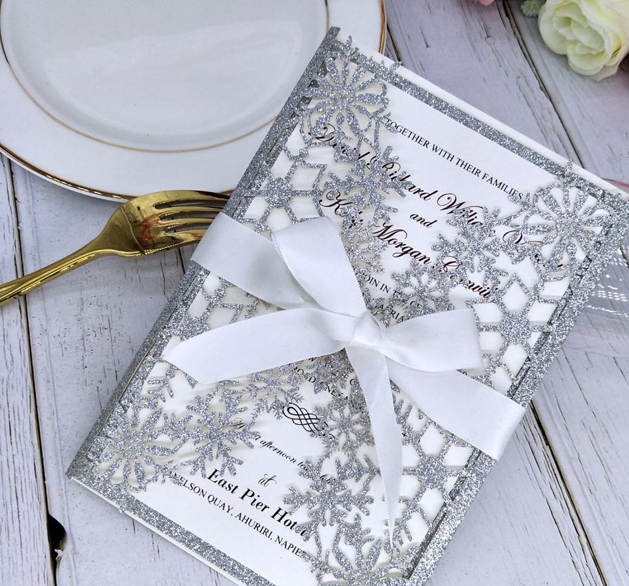2021 Snowflake Laser Cut Wedding Invitations with Ribbon Glittery Invitation Cards for Bridal Brunch Quinceanera Birthday Party Invites