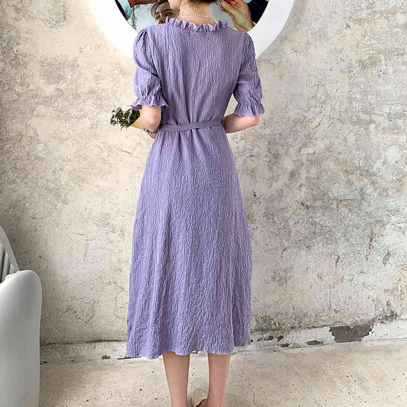 Dress Women's Solid A Line Summer Medium-Length es Purple Vestidos Vintage Puff Short Sleeve Midi Women 9828 210508