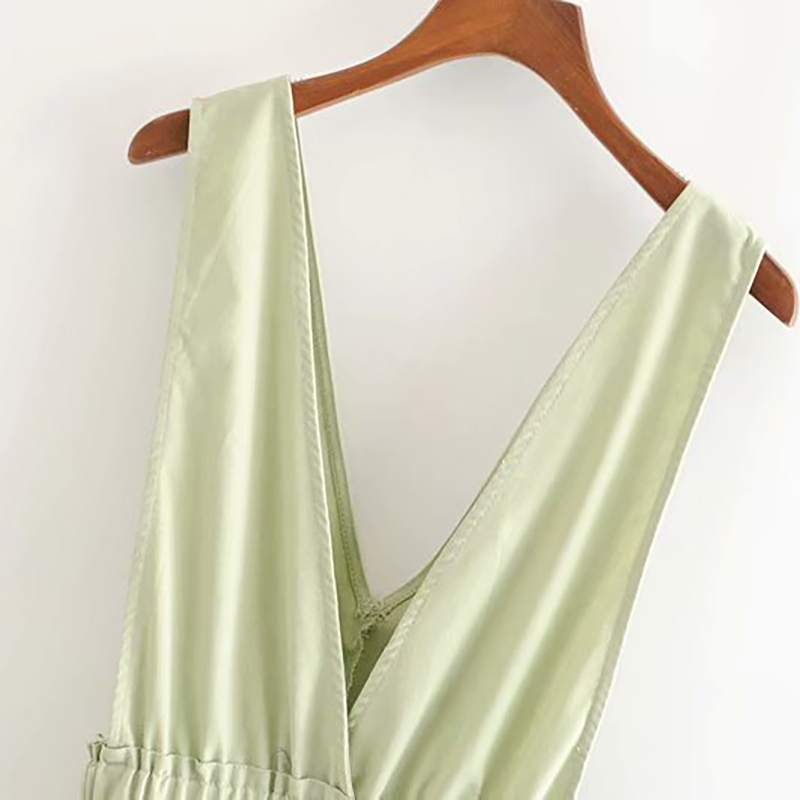 Women Solid V Neck Mini Cotton Dress Pockets Button Decorate A Line Sleeveless Backless Fashion Lady es Ropa Mujer 210515