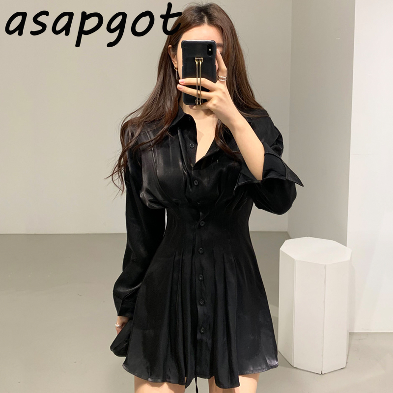 Korean Chic Elegant Slim Luster Waist Pleated Back Lace Up Shirt Dress Women Mini Lapel Single Breasted Solid Vestido Feminino 210429