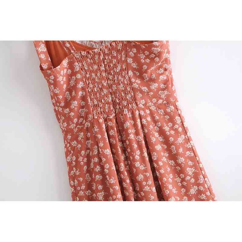 Vintage French Floral Print Hem Split Midi Tank Dress Sexy Women Spliced Wood ears Adjust Tie Bow Strap Dresses Vestido 210429