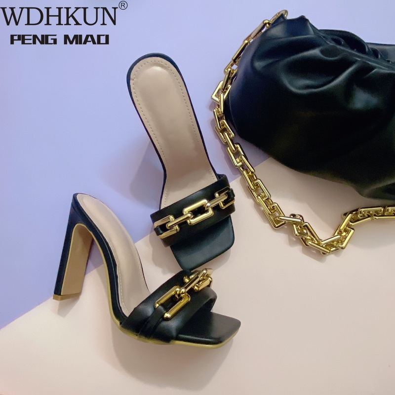 2022 Summer Elegant Women's Slippers Fashion New Metal Chain Decoration High Heels Mules Slides Pumps Square Toe Ladies Shoes ere8665
