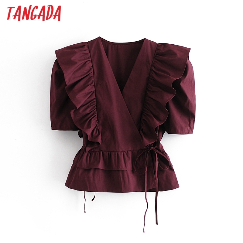 Women Retro Wine Red Ruffles Crop Bow Short Sleeve Summer Chic Female Shirt Tops 3W138 210416