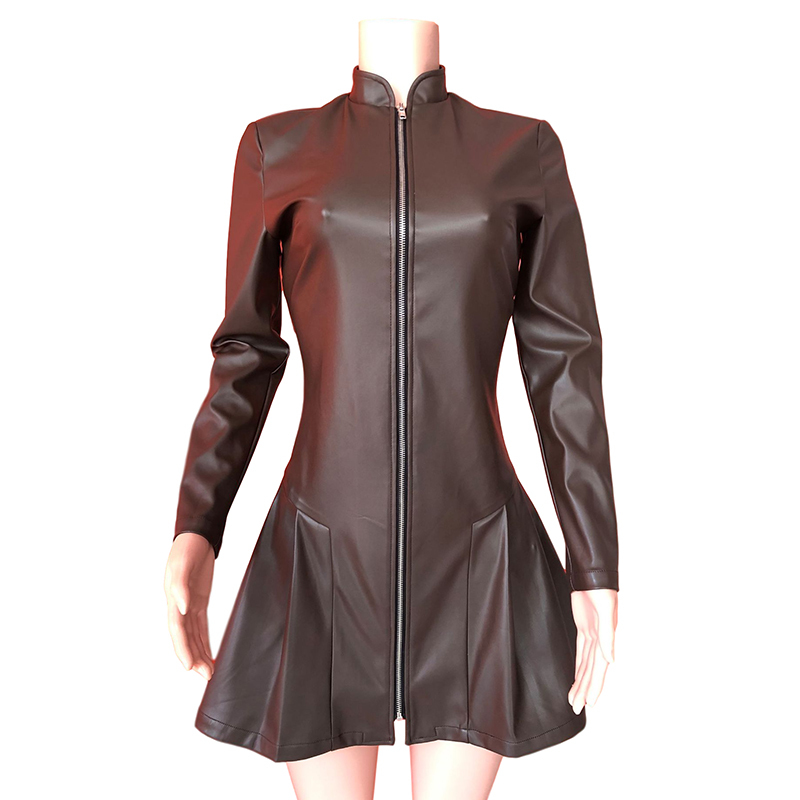 Foridol PU Leather Pleated Vintage Winter Dress Elegant Ladies Long Sleeve Short Dress Zipper A-line Dress 210415