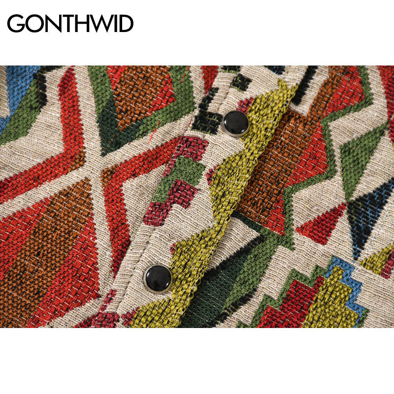 GONTHWID National Style Knitted Geometric Patterns Color Block Button Shirts Harajuku Casual Long Sleeve Tees Tops Streetwear 210410