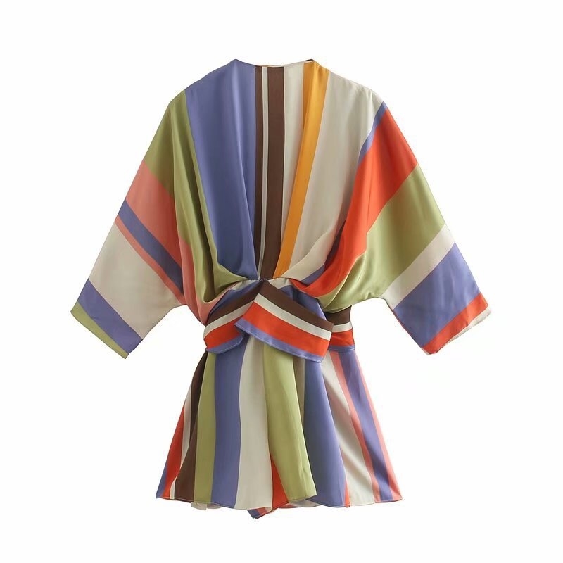 Holiday Rainbow Colored Women Striped Dress CHIC Cross V neck Bat Long Sleeve Tie Bow Sashes one-Piece Mini Dresses 210429