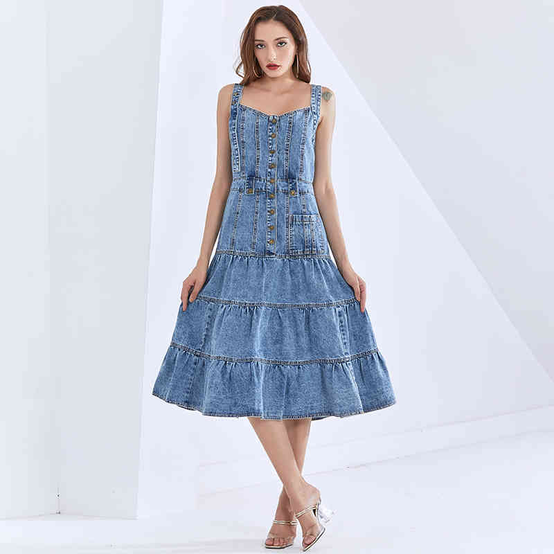 Cross Denim Sling Dress For Women Square Collar Sleeveless High Waist Midi Dresses Female Fashion Clothing 210520