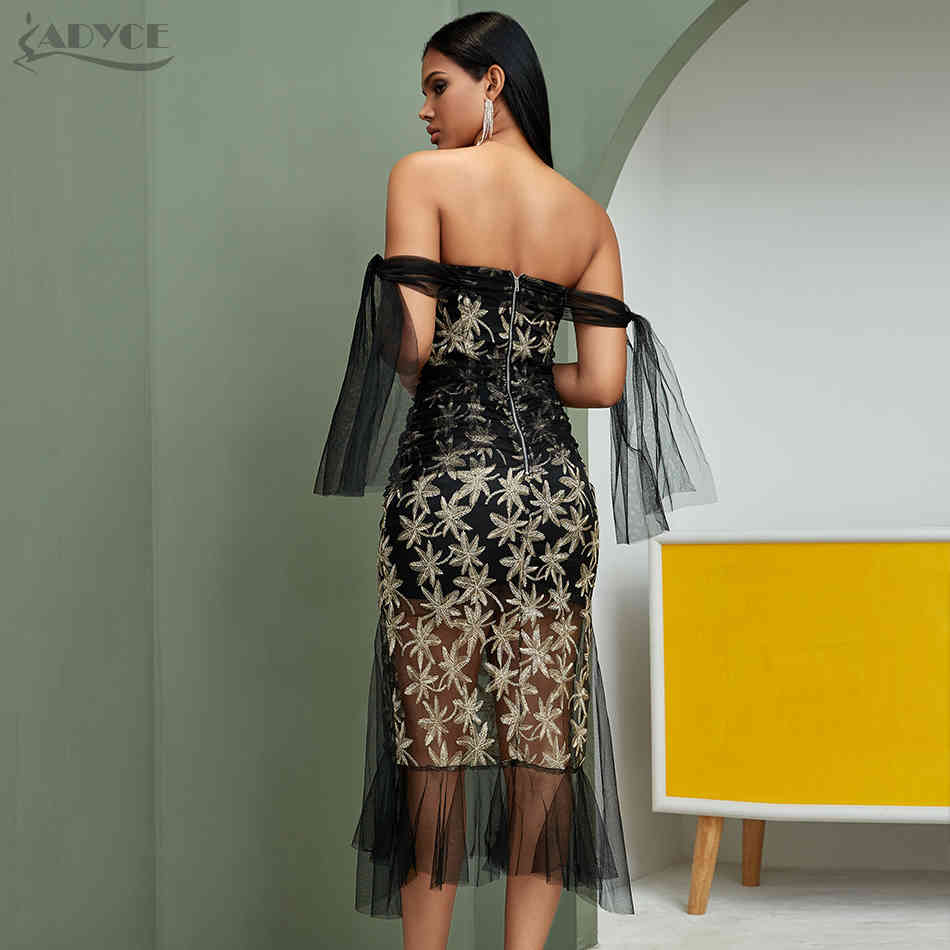 Summer Lace Off Shoulder Women Club Dress Sexy Short Sleeve Sequined Celebrity Evening Runway Party Vestido 210423