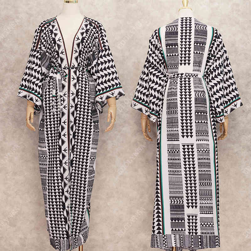 Multicolored Bikini Cover-ups Sexy V-neck Long Sleeve Boho Summer Beach Dress Plus Size Beachwear Swimsuit Cover Up Q1086 210420