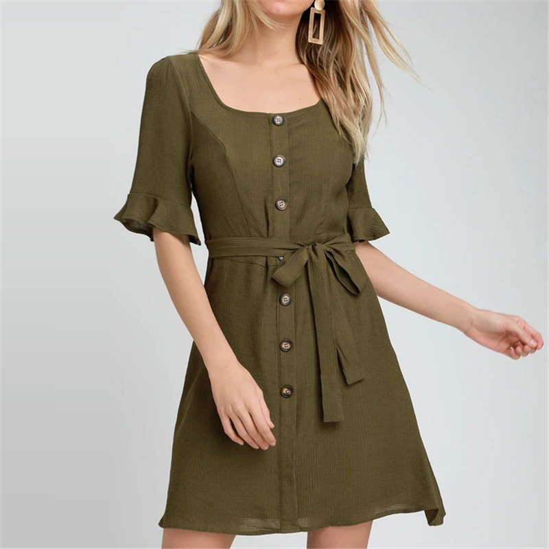 Women Summer Dress Casual Short Sleeve Elegant Bandage Bodycon Black Party Dress Buttons Mini Beach Dress Sundress Vestidos 210414
