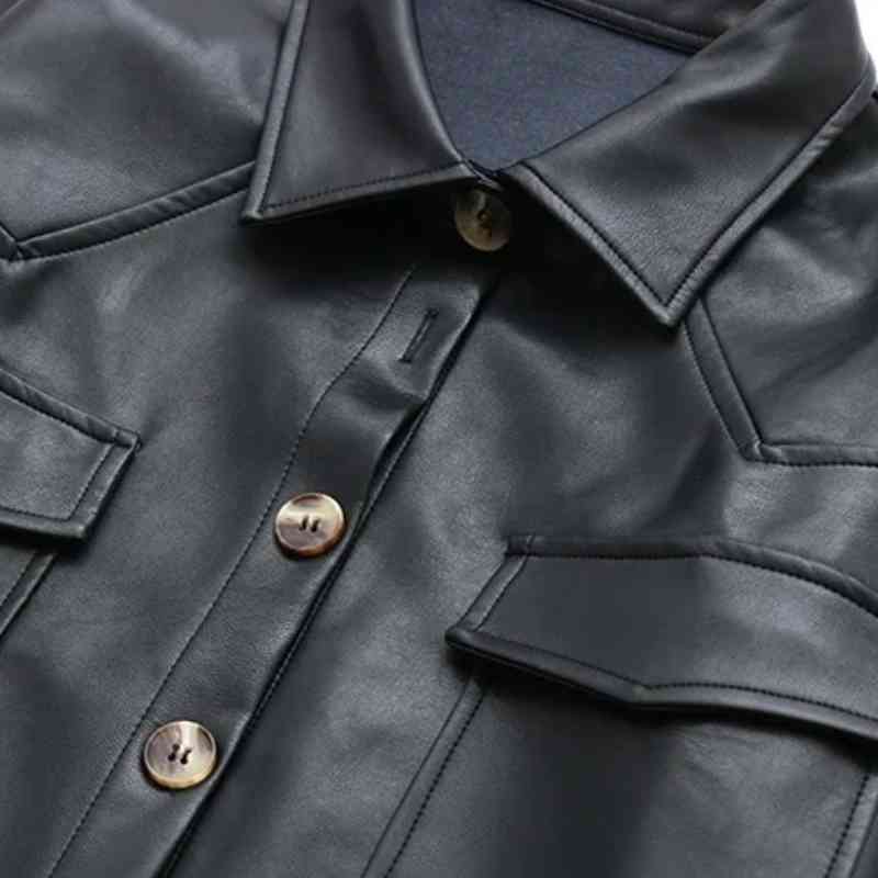 Women Patch Pocket Black PU Leather Shirt Female Short Sleeve Blouse Fashion Lady Loose Tops Blusas S8779 210430
