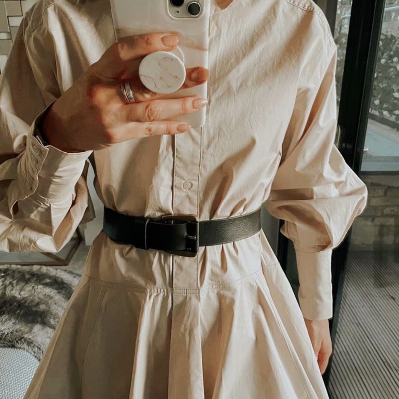 Elegant Woman Beige Loose Cotton Shirt Dress Spring Casual Ladies Oversized Lantern Sleeve es Female Chic Soft 210515