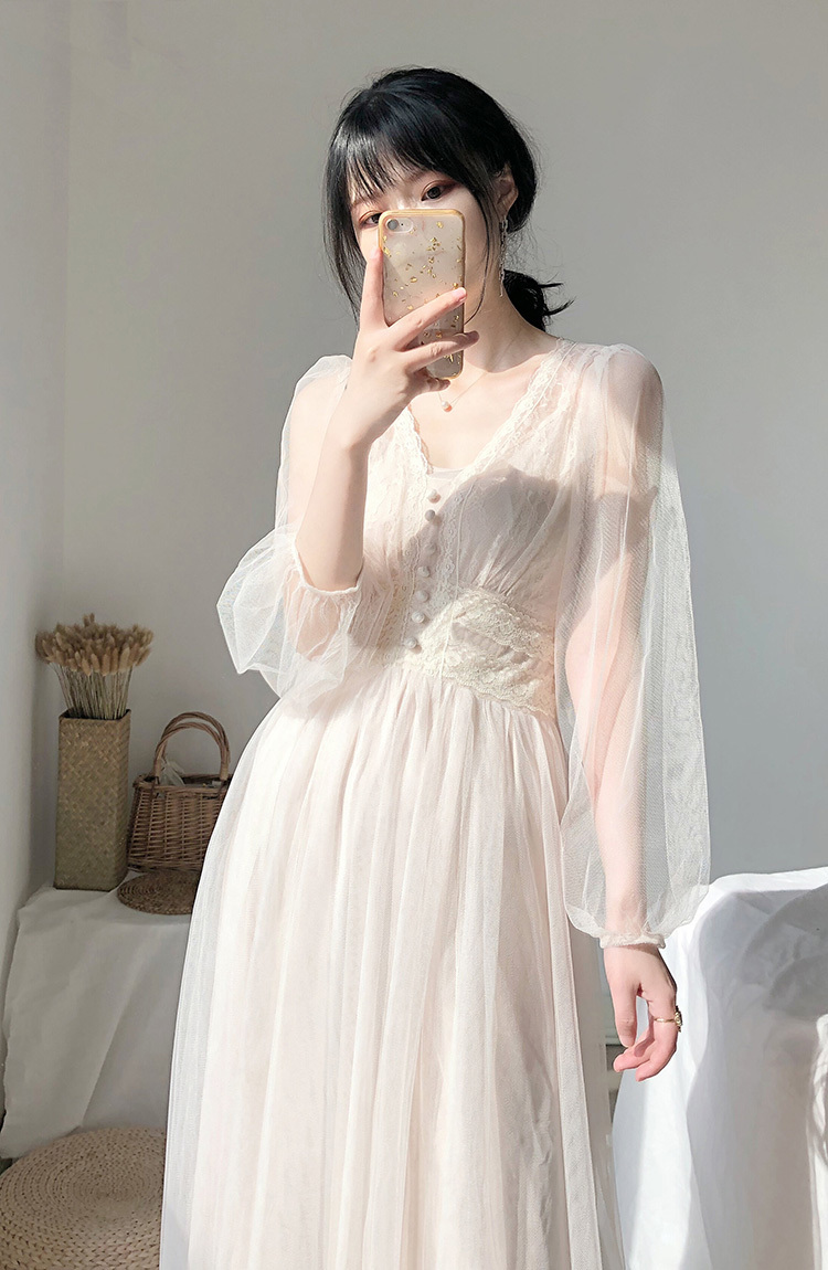 Spring Elegant Lace V-Neck Long Puff Sleeve Dress Vintage High Waist Mesh Sweet Boho Robe 210519