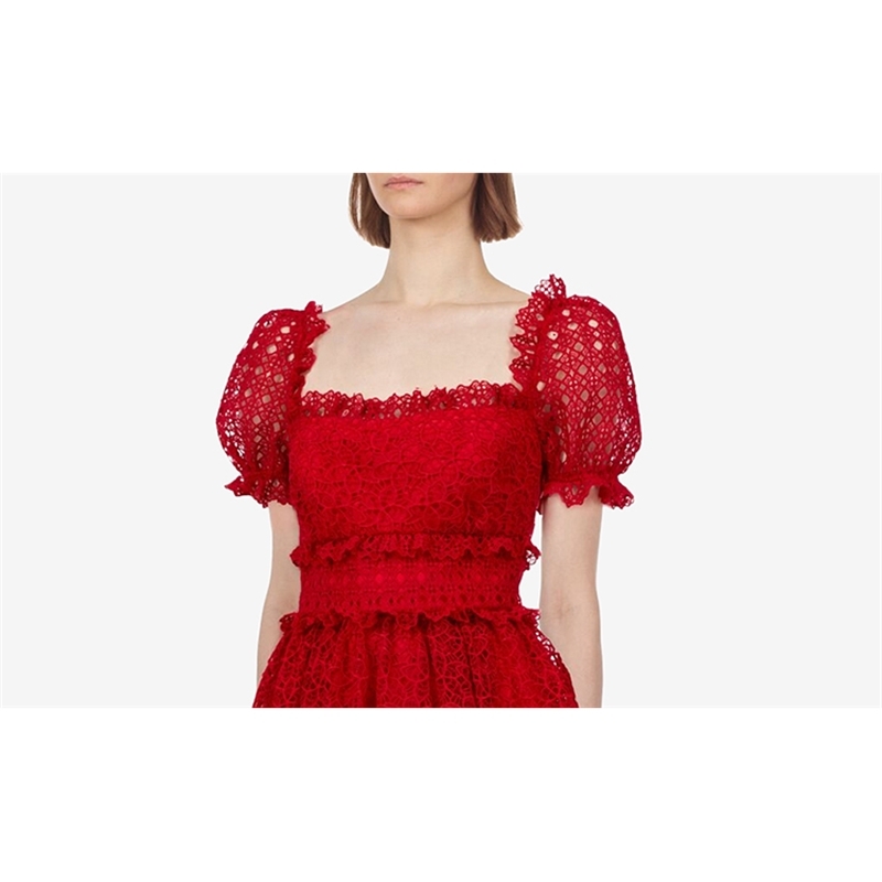 Runway Summer Self Portrait Women Square Collar Ruffles Long Dresses Puff Sleeve Hollow Out High Waist Holiday Party Dress 210506