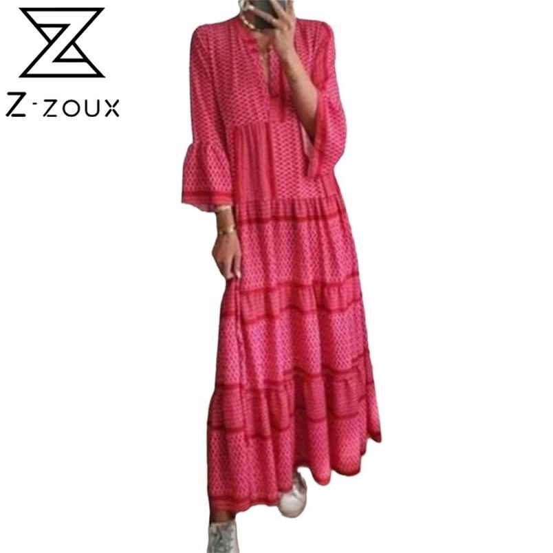 Women Dress V Neck Flare Sleeve Printed Bohemia es Long Print Floral Maxi Loose Leisure Beach Summer es 210513