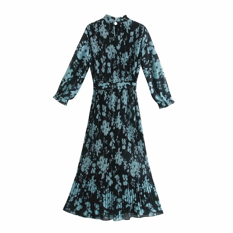 ZXOJ vintage draped flower print women long dresses summer fashion belt laides ankle-length dress casual slim female girls chic 210430