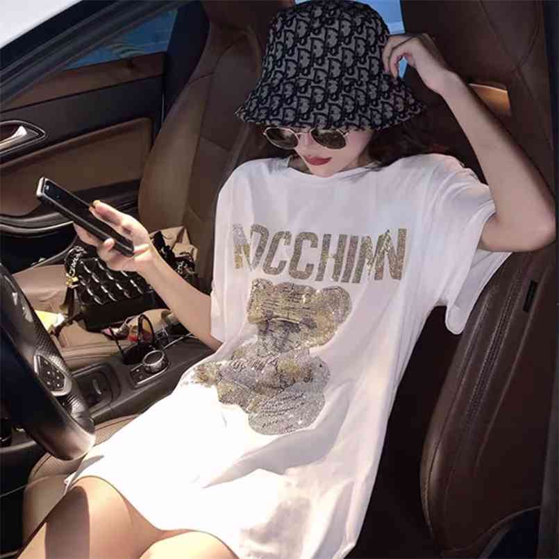 White Short-sleeved T-shirt Female Korean Mid-length Loose Drilling Bear Plus Size Shirt Summer Woman Tshirts 210708
White Short-sleeved T-shirt Female Korean Mid-length Loose Drilling Bear Plus Size Shirt Summer Woman Tshirts 210708