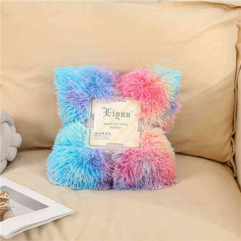 Double Layer Blanket Winter Cozy Warm Long Plush Rainbow Throw Blanket For Sofa Bed Colorful Furry Fluffy Tie Dye Bedspread 211227