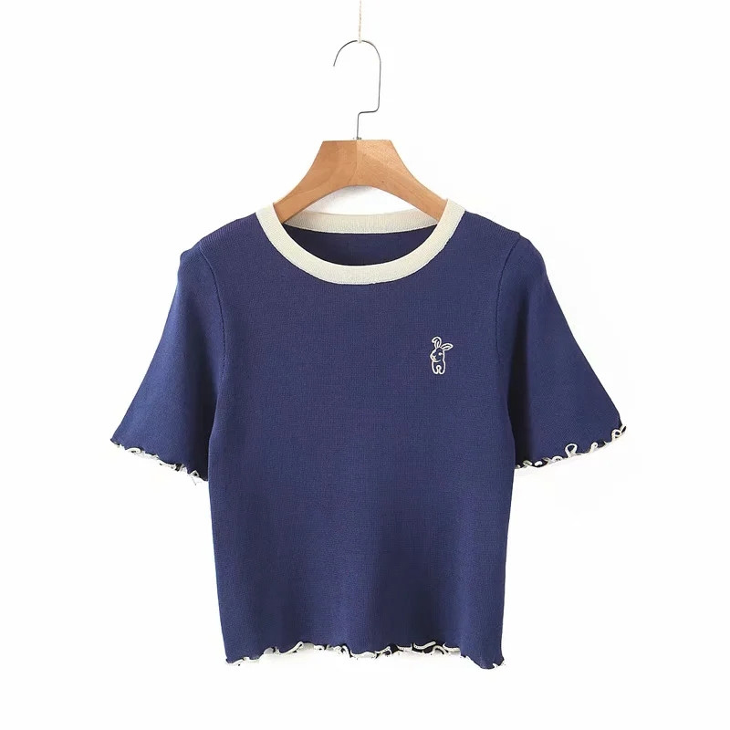 Spring-Summer Casual Knitted Four Color Short T-shirt Women Rabbit Embroidery Sleeve Knit Shirt Female Solid Tee 210421