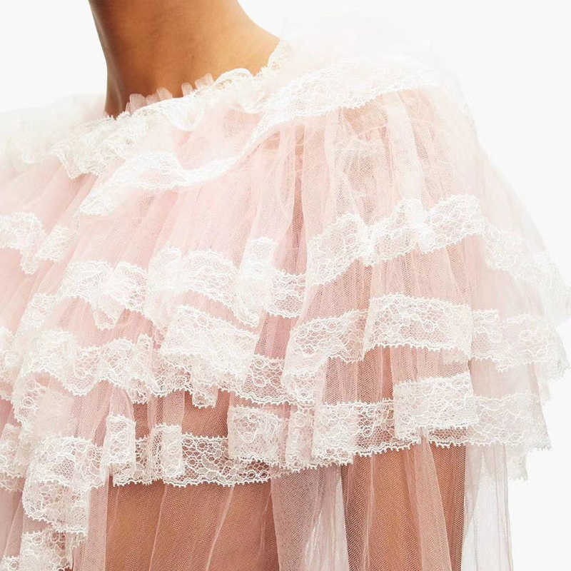 Patchwork Mesh Shirt For Women O Neck Flare Sleeve Lace Hollow Out Perspective Elegant Blouse Female Fashion Style 210531