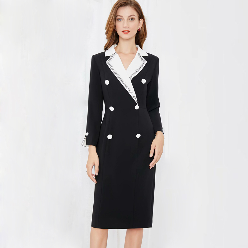 Women' Runway Dresses Notched Collar Long Sleeves Rhinestones Double Breasted Elegant Work Dress Vestidos, Black
Women' Runway Dresses Notched Collar Long Sleeves Rhinestones Double Breasted Elegant Work Dress Vestidos, Black