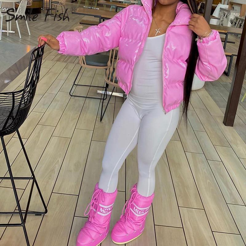 Women's Down & Parkas Faux PU Leather Bubble Puffer Jacket Winter Warm Women Coats Long Sleeve Outerwear Zipper Casual Slim Coat G2997