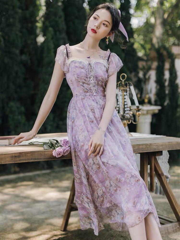 vintage midi pink dress sweet cute floral printed patchwork lace square collar sleeveless summer dresses party 210421
