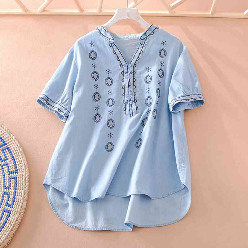 VANOVICH Women's Blouses Embroidered Summer Short-sleeved Wild Casual Ladies and Tops Temperament Women Clothes 210615, Blue
VANOVICH Women's Blouses Embroidered Summer Short-sleeved Wild Casual Ladies and Tops Temperament Women Clothes 210615, Blue