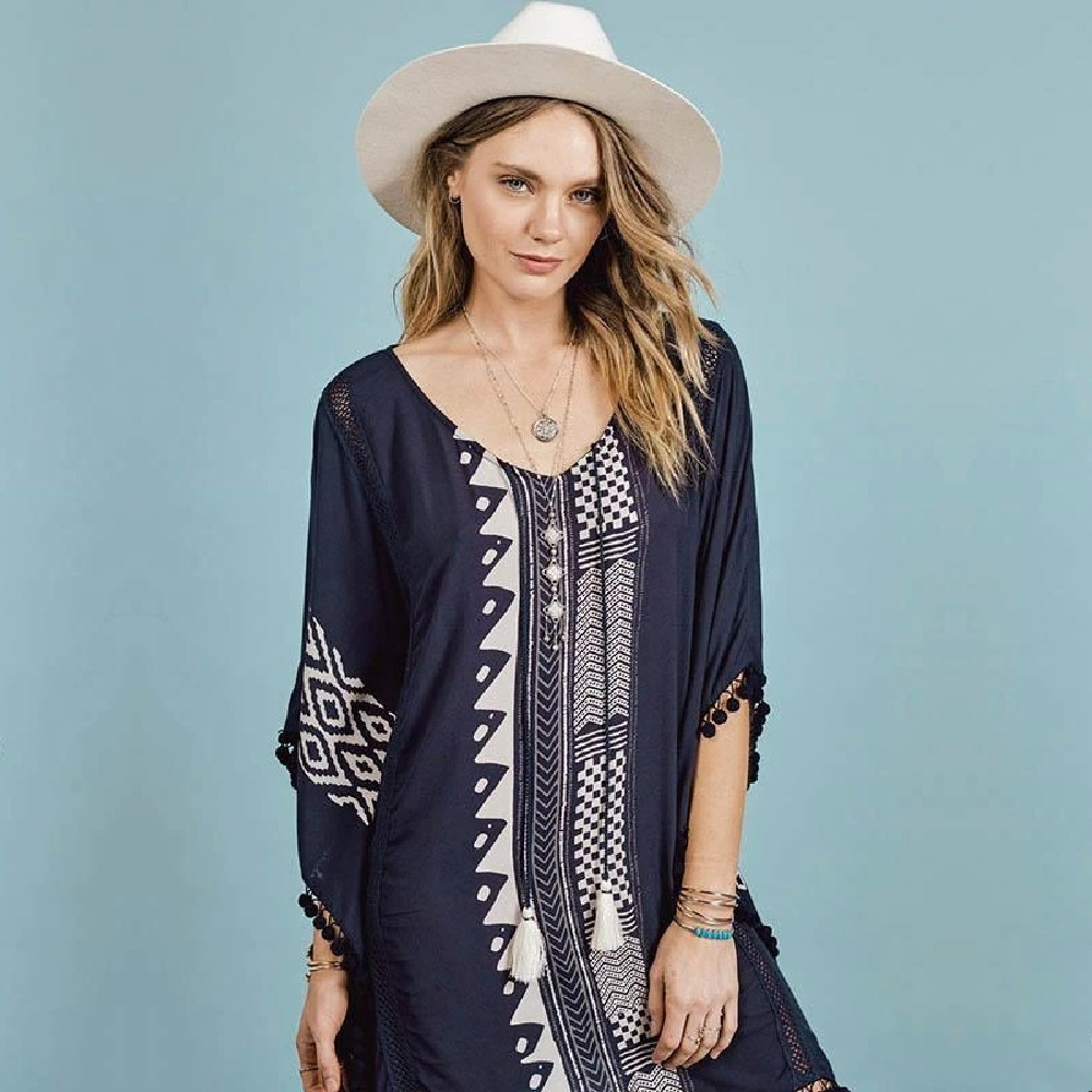 Beach Cover up With Tassel Rayon Vintage Swimwear Tunics Kaftan Dress wear Women Large Size Robe de Plage #Q338 210420