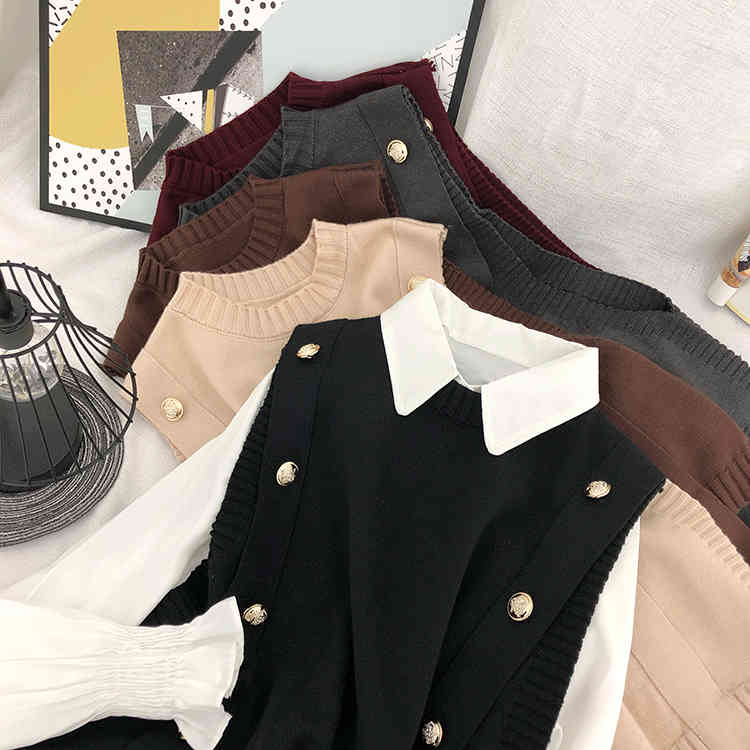 Elegant Two Pieces Set Women Button Bandage Sweater Vest + White Longsleeve Blouse Korean Fashion Clothes Suit 210422