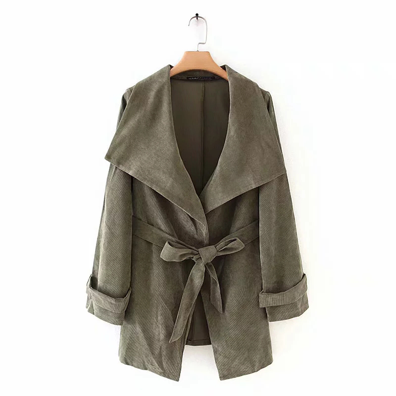 Women Green Fashion Corduroy Big Collar Loose Jacket Chic Long Sleeve With Blet Outwear Jackets chaqueta mujer 210421