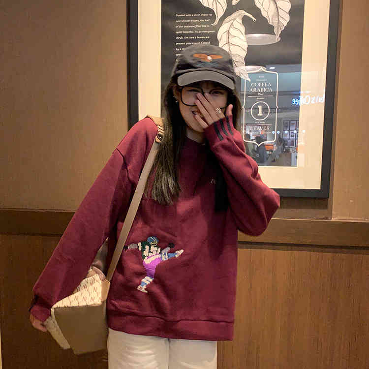 2 colors autumn winter preppy style Women warm Sweatshirts embroidery thick Sweatshirt Womens pullovers ( F4155) 210423