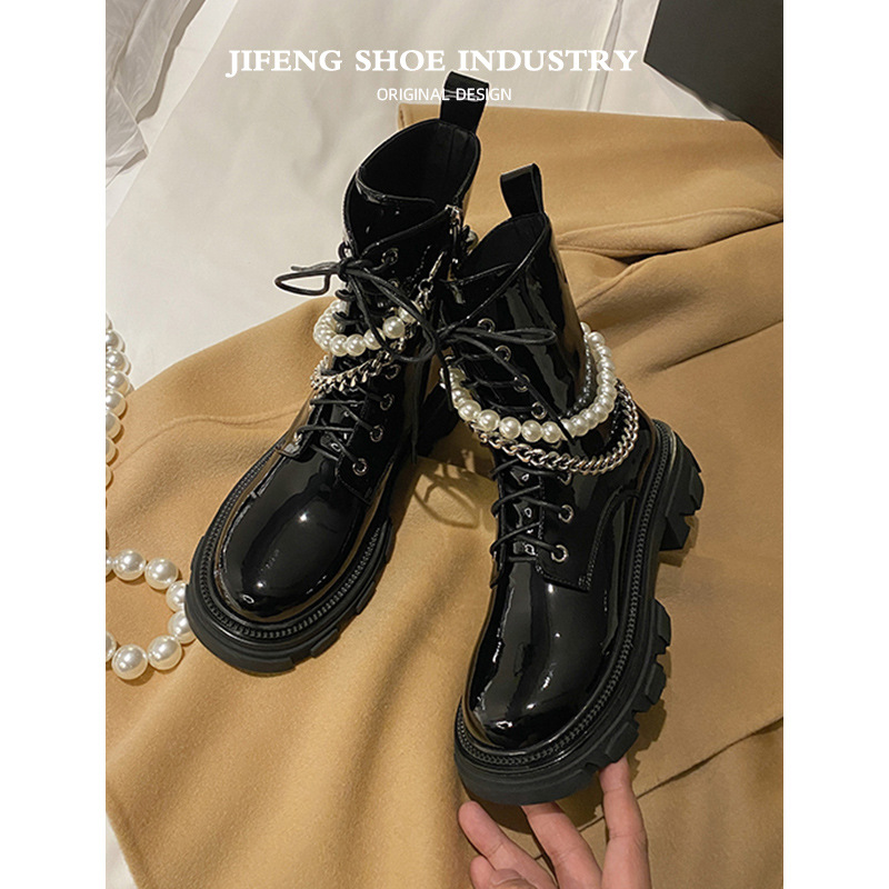 Women's Martin Boots with Pearl Chain Thick-soled Fashion Black Short Boots Zipper Leather Shoes