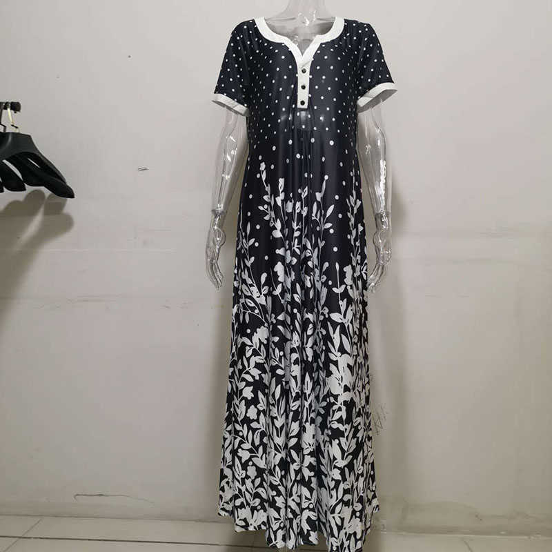 Casual Women Position Print Long Dress Summer Short Sleeve V-neck Dresses Ladies Loose Beach Maxi Dress Vestidos Plus Size Q0707