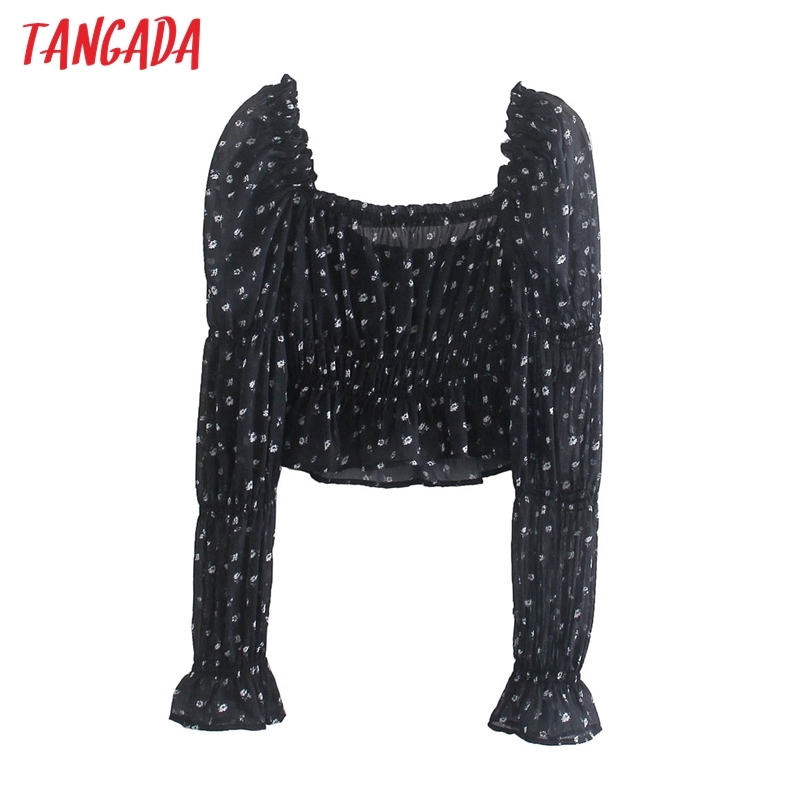 Women Retro Print Pleated Crop Long Sleeve Summer Chic Female Sexy Slim Shirt Tops CE132 210416