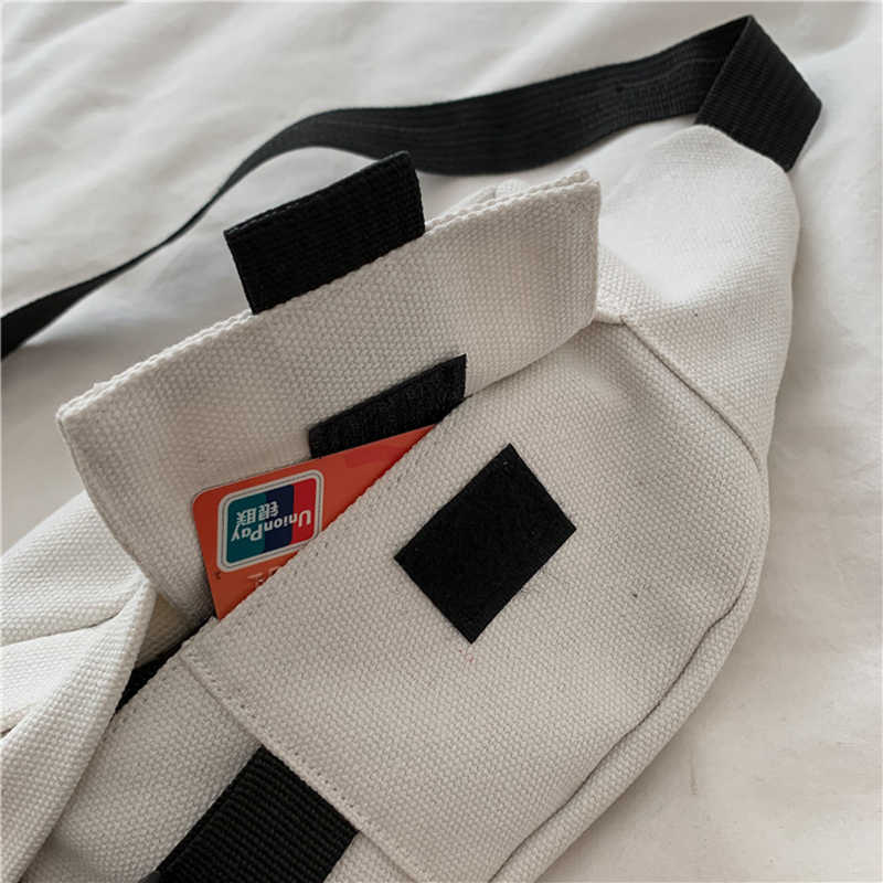 Waist Belt Bag Female Harajuku Style Slung Canvas Casual Running Sports Chest White Fanny Pack Black Bum 210708