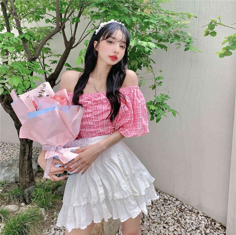 Summer Two Piece Set Women Korean Pink Plaid Slash Neck Shirt Top + White Cake Mini Skirt Casual Elegant Sweet Suit 210519