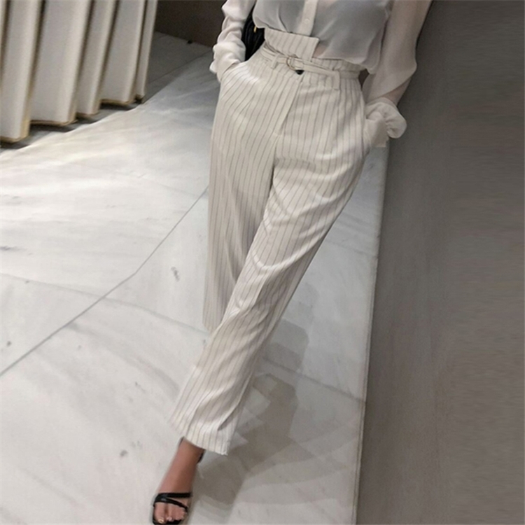 Colorfaith New Autumn Winter Women Pants Wide Leg High Waist Striped Lace Up Irregular Elegant Ankle-Length Trousers P3212 210413