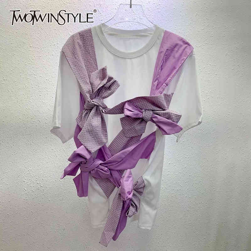 TWOWINSYLE Casual Irregular Bowknot Patchwork Shirt For Women O Neck Short Sleeve White Shirts Female Fashion Summer 210524, Aspicture 
TWOWINSYLE Casual Irregular Bowknot Patchwork Shirt For Women O Neck Short Sleeve White Shirts Female Fashion Summer 210524, Aspicture