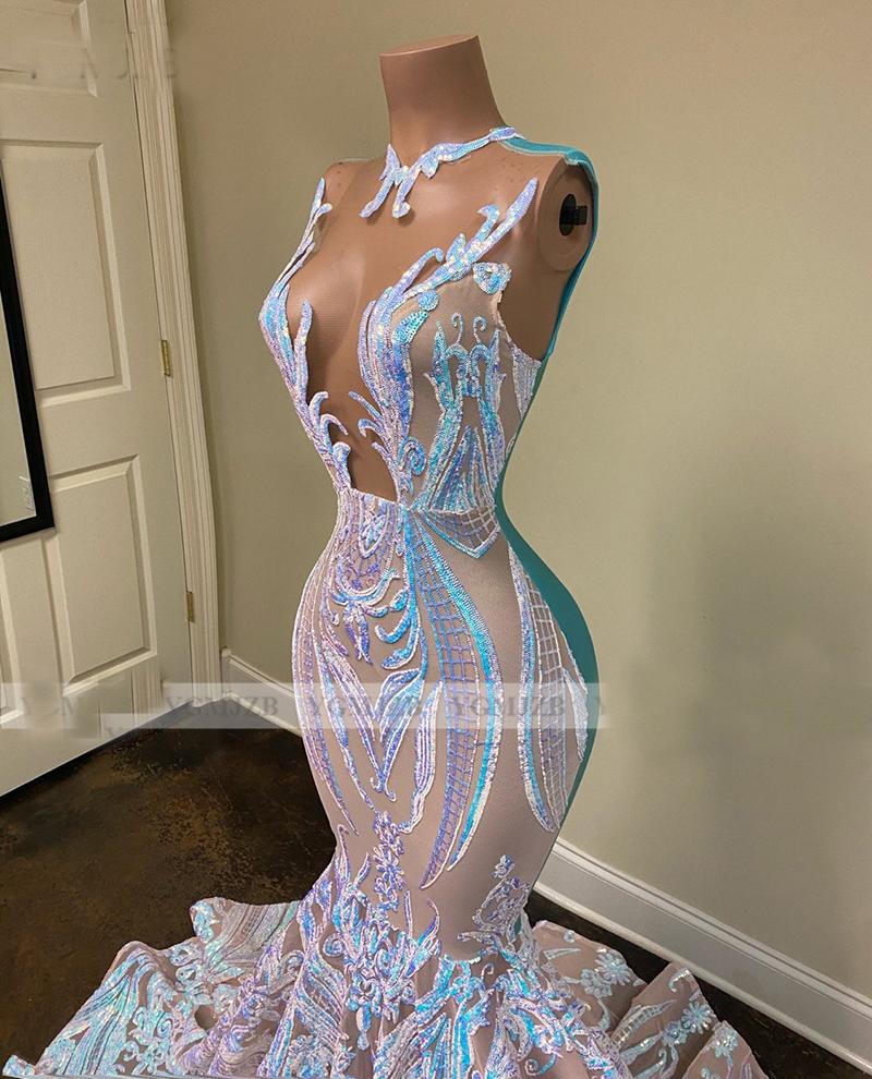 Black Girls Sparkly Sequin Long Prom Dresses 2021 Sexy sheer o Neck Mermaid African Women Gala Evening Party Gowns robes
