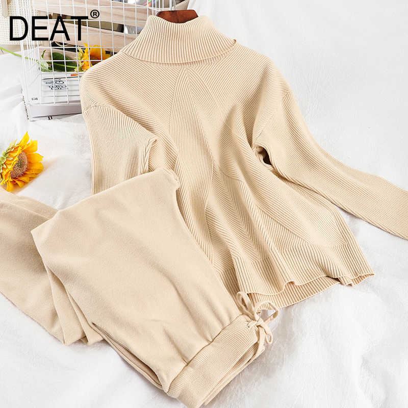 DEAT Autumn Winter Products Fashion Temperament Long-sleeved High-neck Knitted Sweater Stretch Pants Two-piece ML317 210709