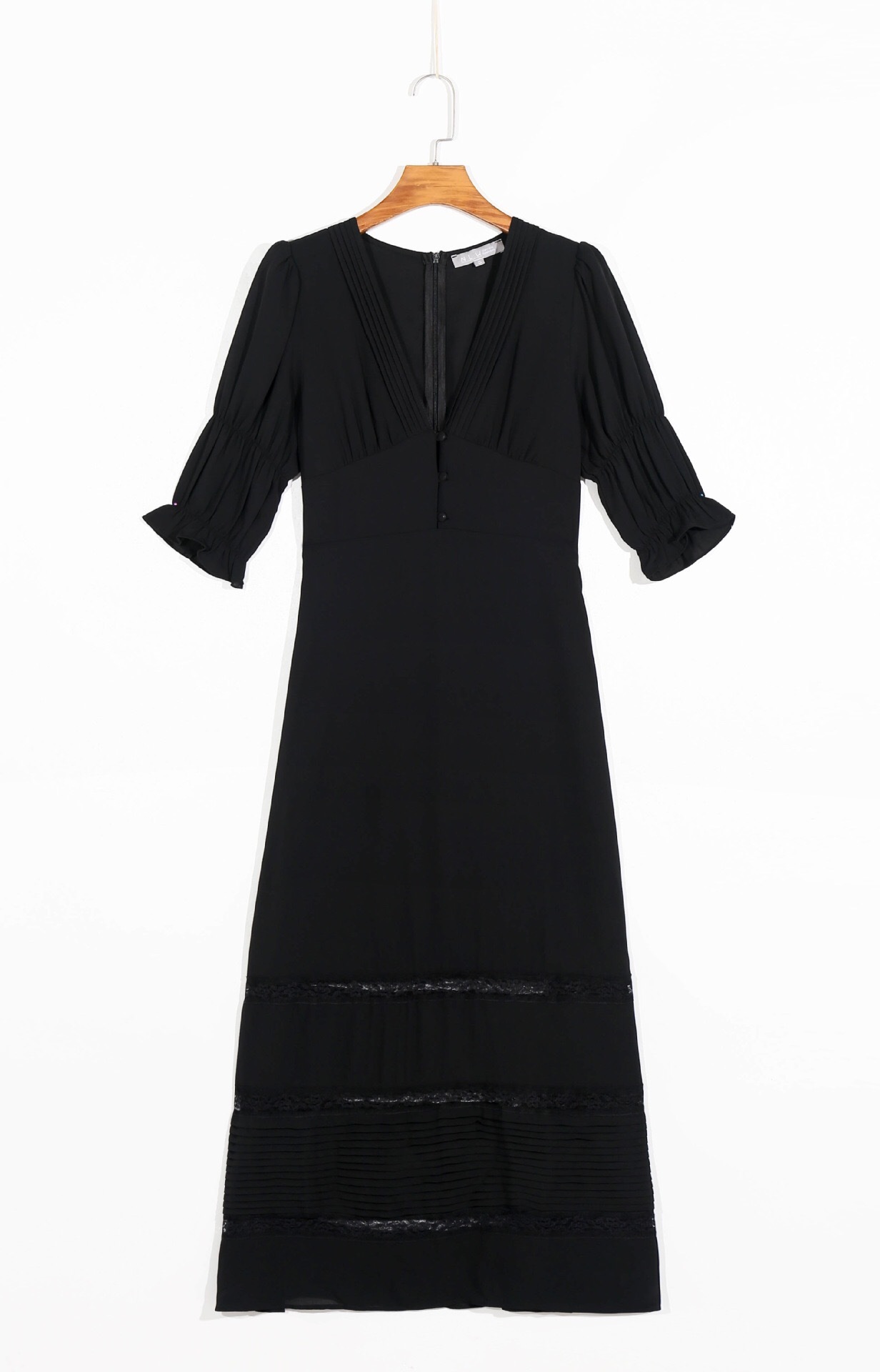 Vintage France Style Spliced Hollow Out Lace Women Midi Dress Elegant Buttons Deep V neck Half Sleeve Long 210429