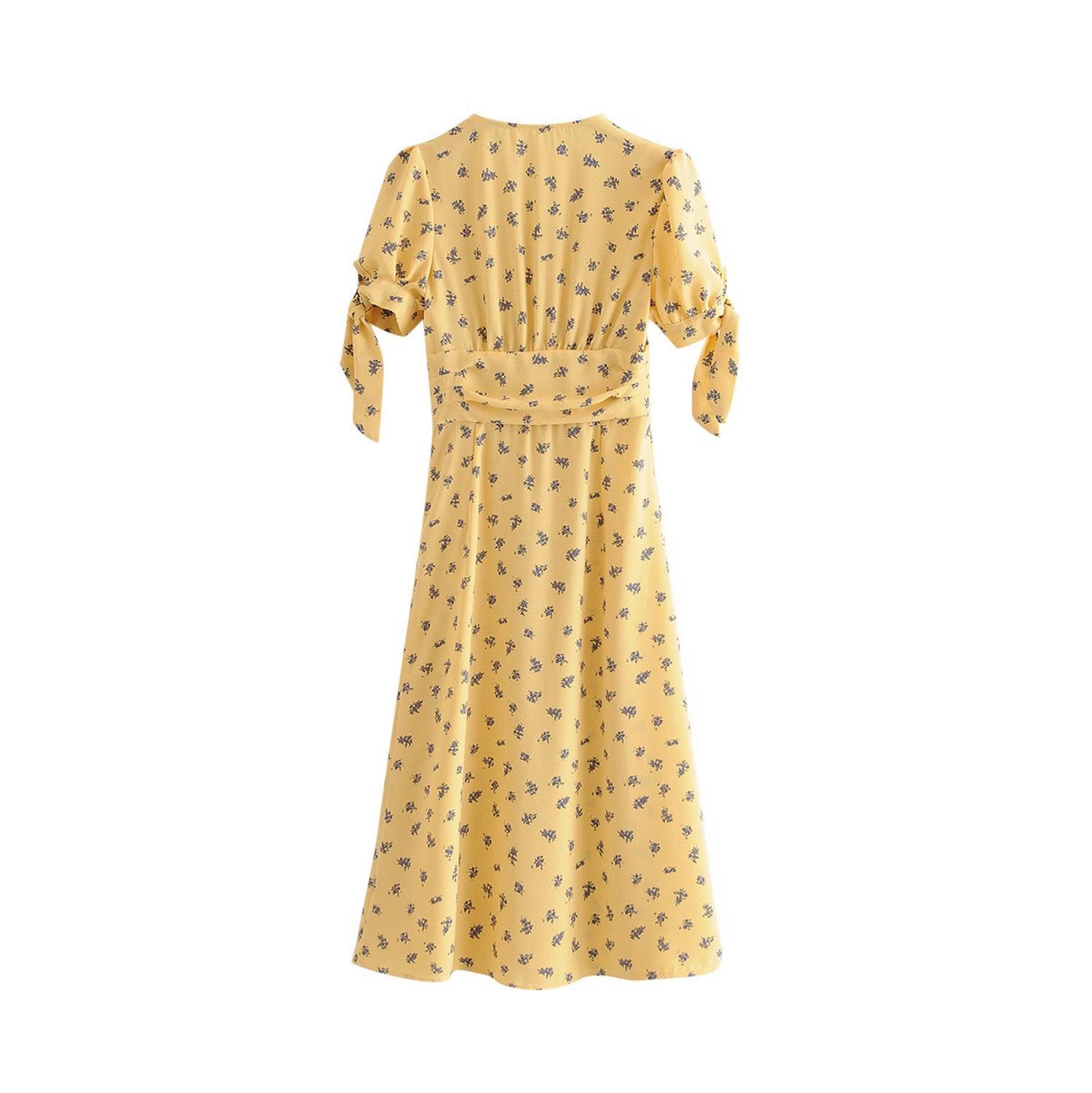 French V neck Front Slit Floral Midi Dress Holiday Woman Tie Bow Cuff Slim Waist Short Sleeve Tea Dresses Vestido 210429