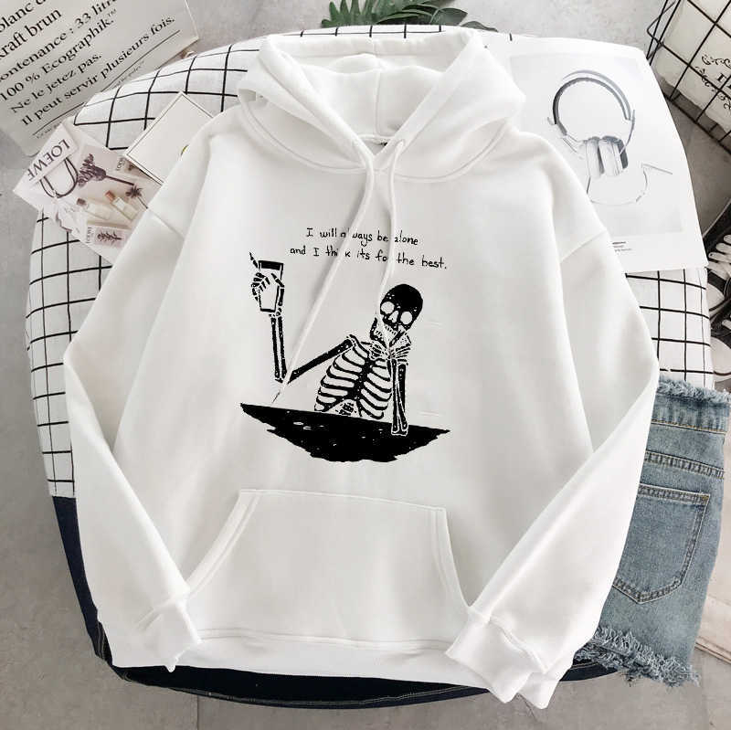 Punk style women's hoodie skull long sleeve casual top goth skeleton dark black loose ulzzang fashion women's sweatshirt 210816