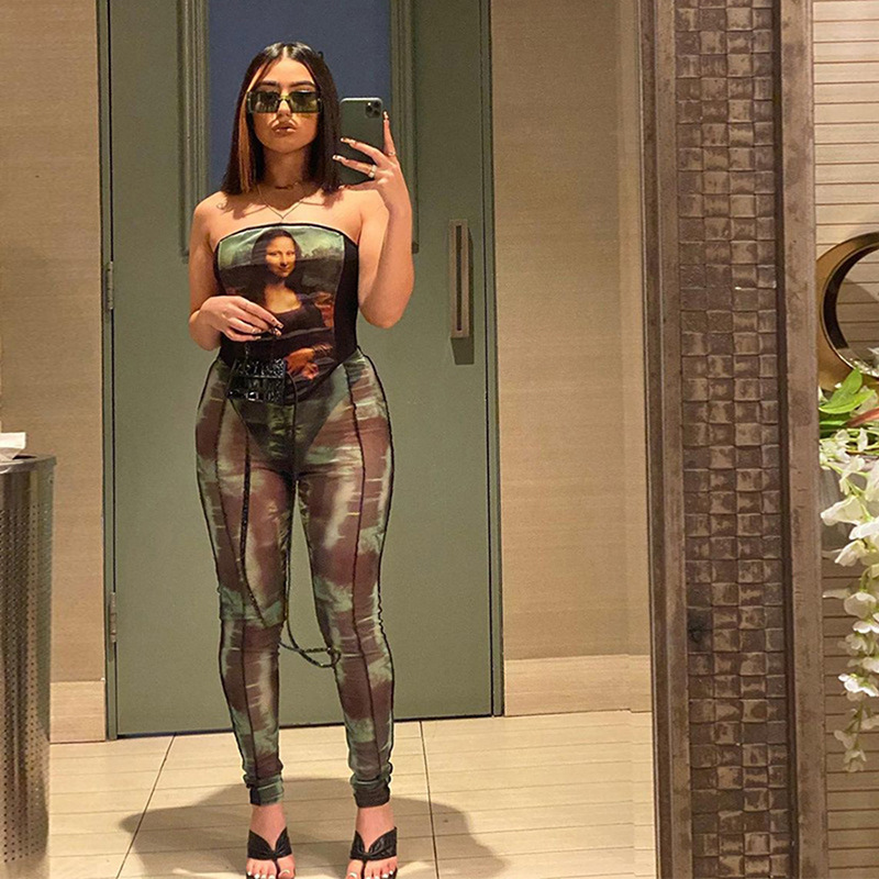 Vintage Print Co-ord Set Crop Corset+Leggings Skinny Streetwear 2 Two Piece Outfit Female