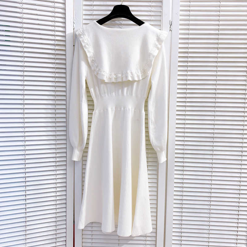 DEAT Women Stitching Sequins Slim Knitted Dress Peter Pan Collar Long Sleeve Elastic Waist Fashion Spring Summer MZ749 210709