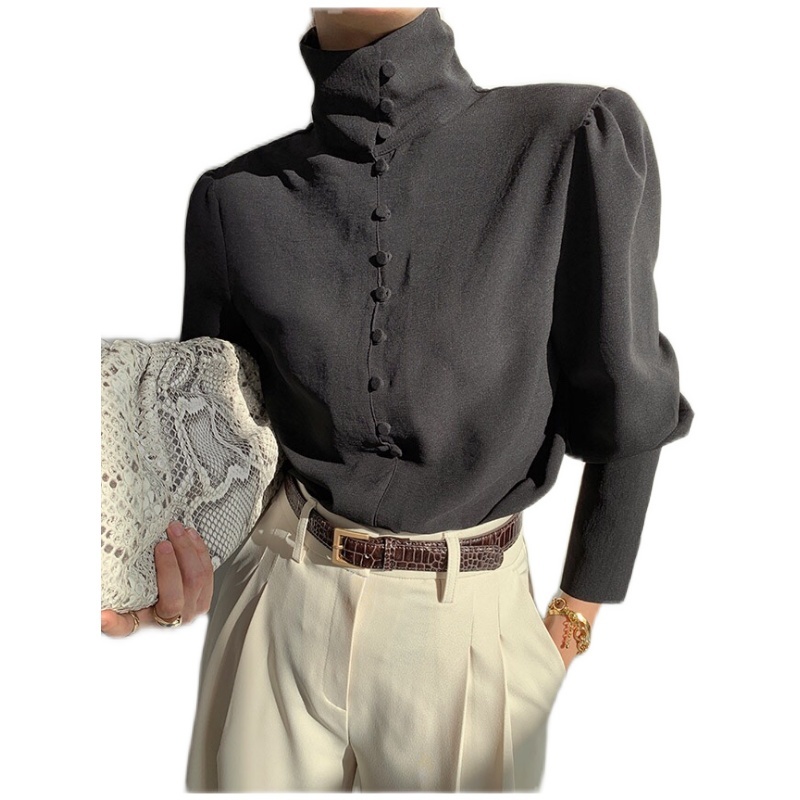 Office Ladies Shirts Work Fashion Solid Black Elegant Turtleneck Blouses Women Tops Spring Korean Pleated Blusas 210519