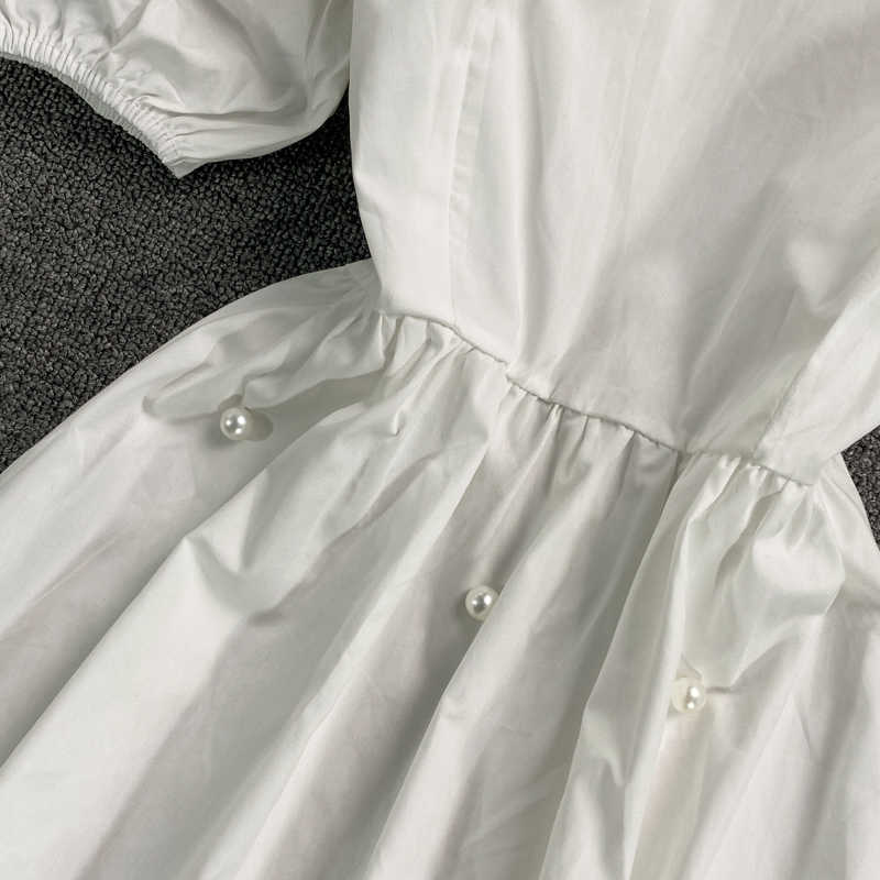 Woman Dress Korean Beads Slim High Waist A-line Dresses Sweet Puff Sleeve Square Collar Vestidos Feminimos 6H301 210603